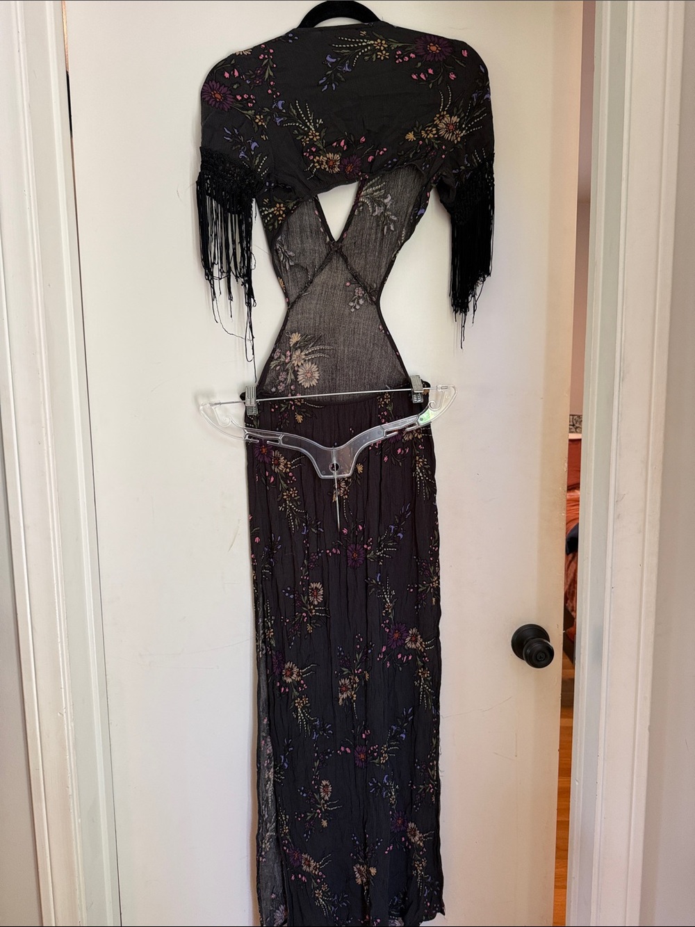 Honey Punch Black Floral Cutout Maxi Dress with Fringe Sleeves - Picture 3 of 5